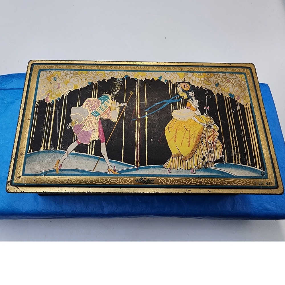 Vintage Huyler's Canco Art Deco Candy Tin Romantic Couple Forest Scene Gold 7.5"